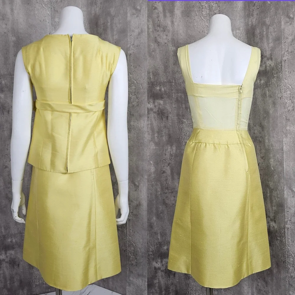 Vintage 60s Joan Leslie By Kasper Yellow Dress‎ Set Sleeveless Bow Detail